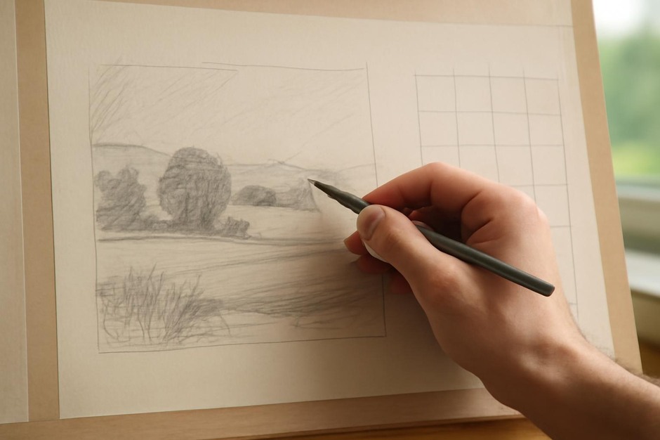 A hand holding a pencil used to measure sight angles and proportions