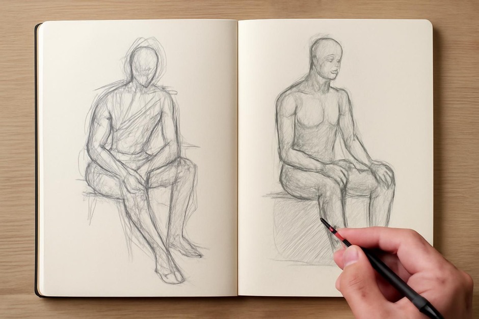 Two sketches side by side showing a quick gesture and a slow measured study
