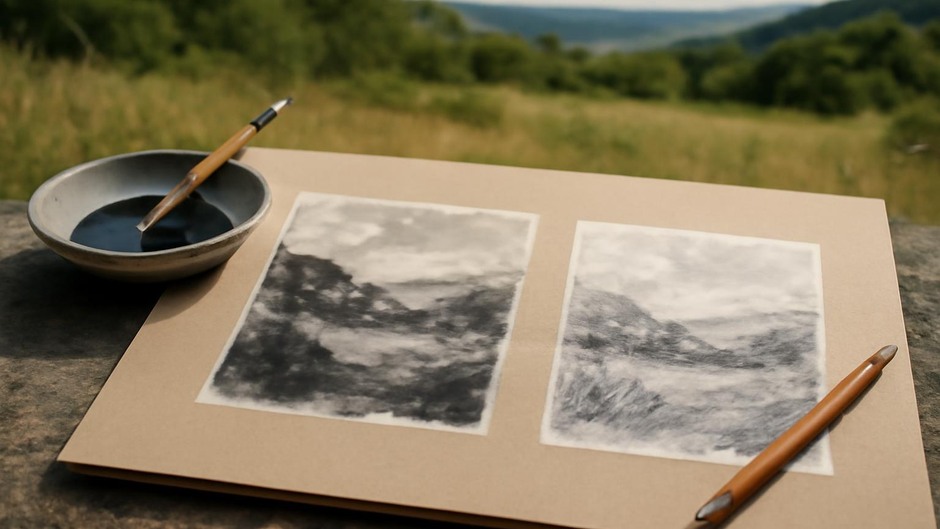 A small ink wash value study beside a graphite tonal sketch