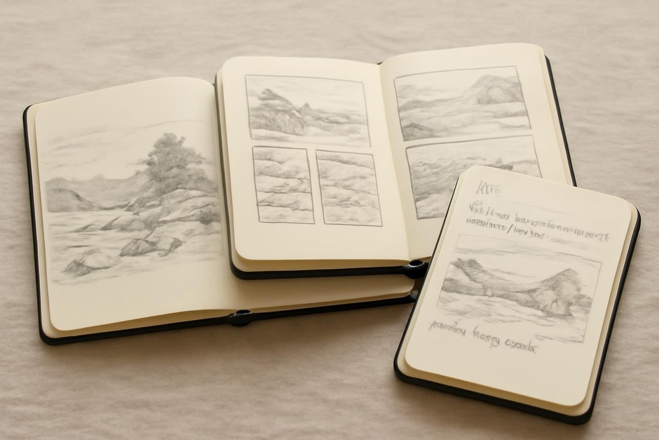 Three open pocket sketchbooks showing different layout strategies
