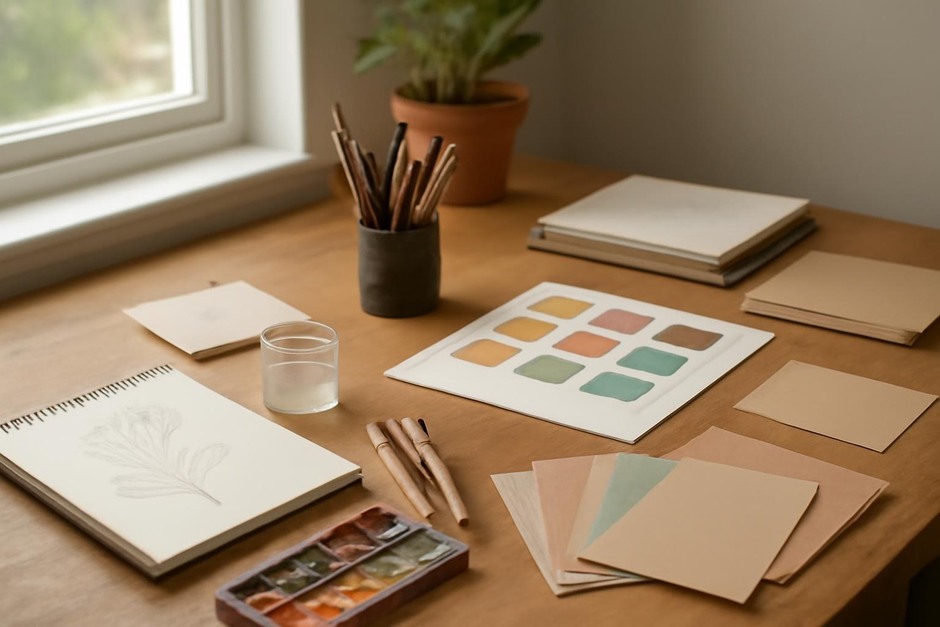 Abstract art desk with color swatches, brush marks, and sketchbook studies.