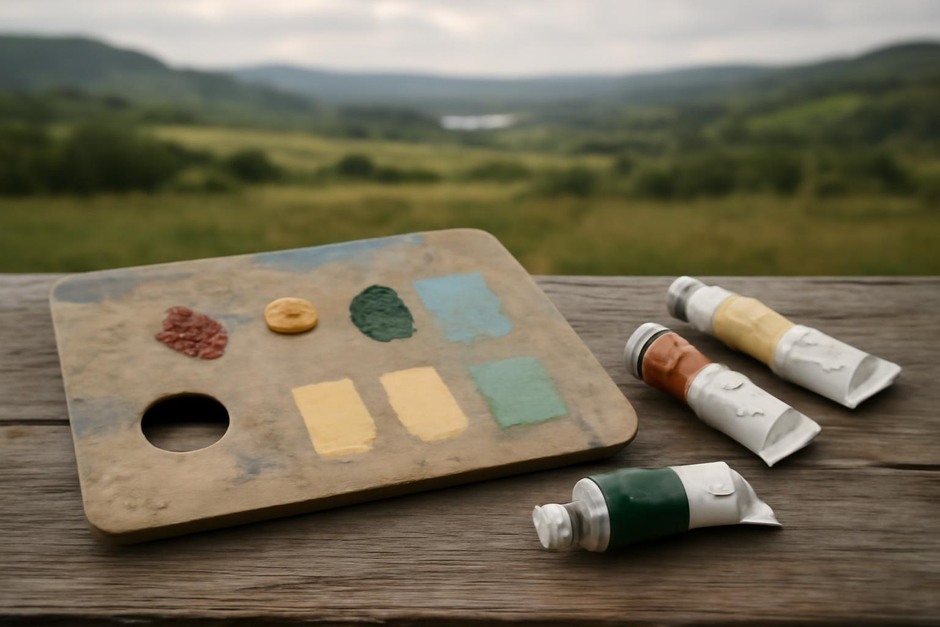 A small plein-air palette with three tubes of paint and quick colour swatches