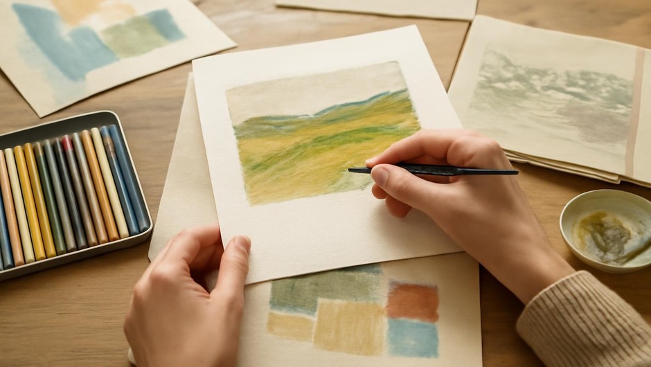 Bright studio image with paint textures, paper layers, and geometric color blocks.