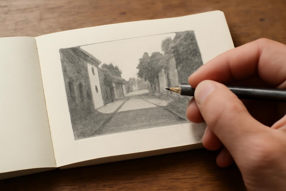 A small sketchbook page showing a three-value study of a street scene